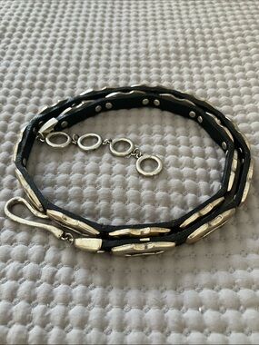 Black Leather Belt with Silver-Tone Chain Accents - Women's Accessory
